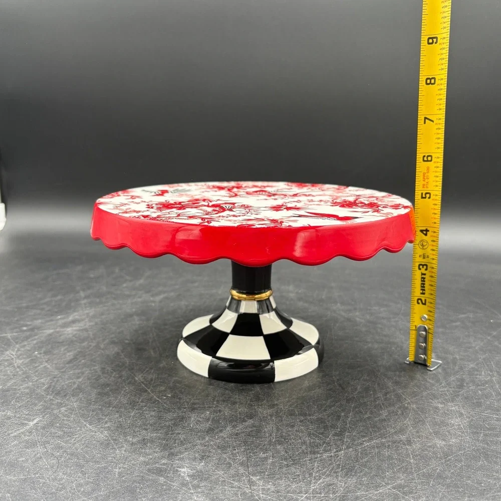 MacKenzie-Childs Cardinal Floral Cake Stand Courtly Check Base Red White Black